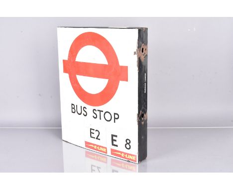 A London Transport enamel Bus Stop Flag,  for the E-Line, E2 - Greenford to Brentford and E8 Ealing Broadway to Hounslow, wit