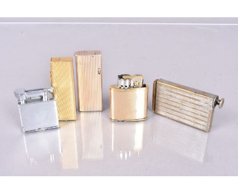 A group of five vintage lighters, to include an AD Queenie with gold jacket, Ducat Catalyric, Dunhill silver gilt gas lighter