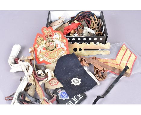 An assortment of items, to include button cleaning boards, sword hangers, cloth badges, buttons, badges and more, mixed items