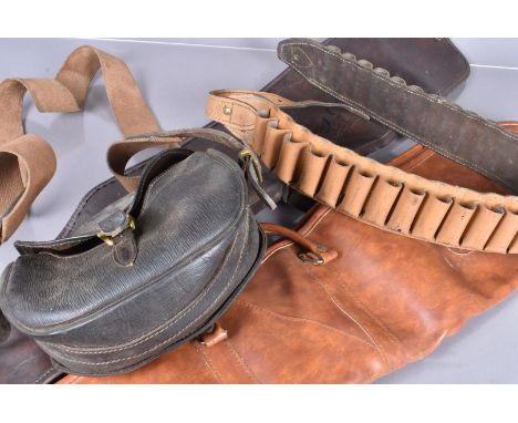 Two vintage gun slips, one in light brown leather, the other dark brown, together with a ammunition belt, and a bag (4) 