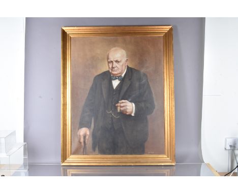P.A. Bill, oil on canvas, portrait of Churchill smoking and cigar, signed to the lower right, 90cm x 70cm 