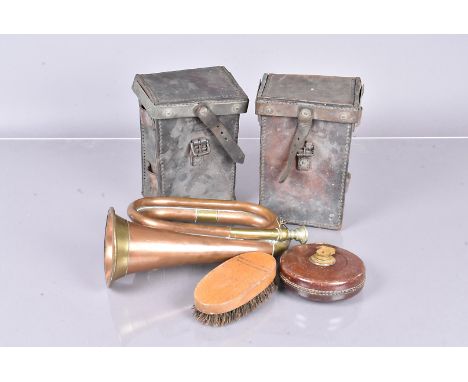 A WWII Henderson Bros boot brush, dated 1944, together a 1945 dated measuring tape, a copper and brass bugle, plus two Vicker