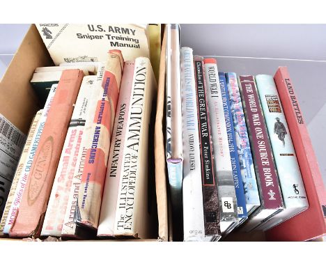A collection of WWI and Firearm related reference books, including US Army Sniper Training Manual, Handbook of Shooting, Rifl