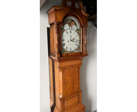 OAK LONGCASE CLOCK, RUSSELL &amp; SON LIVERPOOL, ARCHED ROLLING MOON FACE, APPROX 202cm HIGH

 