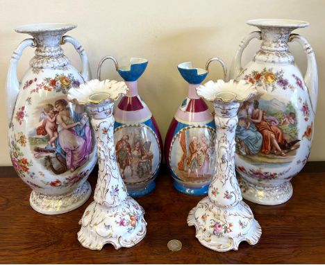 PAIR OF AUSTRIAN EWERS, PAIR OF CONTINENTAL BULBOUS VASES APPROX 34cm HIGH, PLUS PAIR OF CERAMIC HANDPAINTED CANDLESTICKS MIN