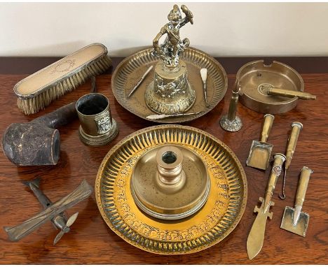 TRENCH ART BRASS CANDLE HOLDER AND SEVEN OTHER TRENCH ART ITEMS, FIGHTER PLANE PLUS TEN OTHER ITEMS