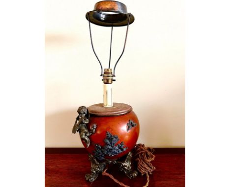 METALLIC GLOBULAR TABLE LAMP WITH APPLIED DECORATION UPON FOUR SCROLL SUPPORTS, APPROX 50cm HIGH

NEEDS REWIRING, SLIGHT DENT