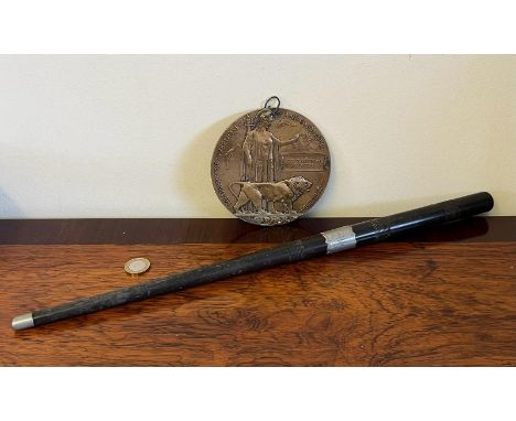 WORLD WAR I DEATH PLAQUE, DOUGLAS WILSON CHISHOLM, PLUS INITIALLED EBONY SWAGGER STICK

 
