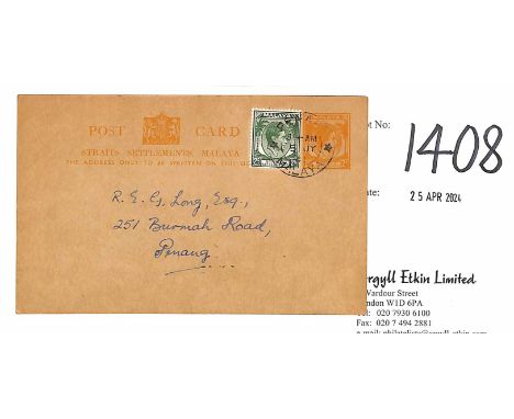 1941 (July 4) KGVI 2c Orange postcard franked 2c, commercially used within Penang, light corner crease, otherwise fine and sc