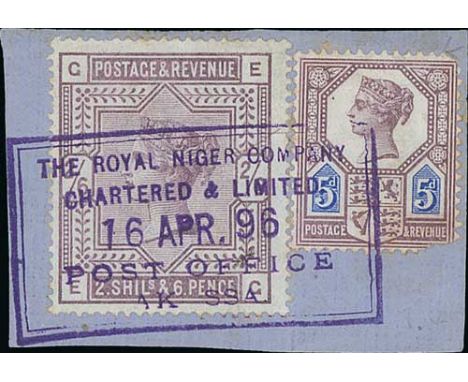 1896-1900 Fronts (2), pieces (9) and a stamp, comprising Akassa type 4 on pieces (2) franked 5d or 5d + 2/6 and type 5 on fro