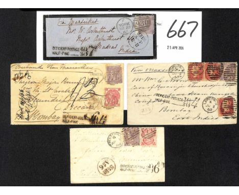 1863-67 Covers via Marseille charged the deficiency + 6d, with unframed "DEFICIENT POSTAGE / HALF FINE" handstamps showing th