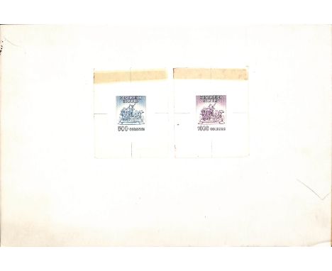 c.1960 Die Proofs of a war memorial design inscribed "COSTA RICA TIMBRE", 500c value in blue and 1000c value in purple, presu