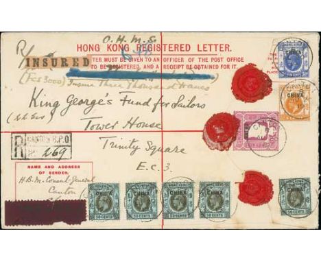 Post Offices in China. 1919 10c Size H registration envelope overprinted "CHINA", sent by H.B.M Consul-General at Canton to L