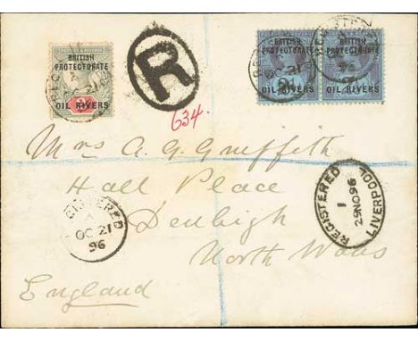 1896 (Oct 21) Registered cover from Old Calabar to Wales franked 2d + 2½d pair each cancelled by the scarce "REGISTERED" c.d.