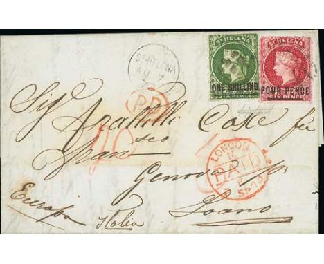 1873 (Aug 7) Entire letter to Italy franked 4d + 1/- (S.G. 15, 19) with cork cancels (Proud K17?), "ST. HELENA" c.d.s alongsi