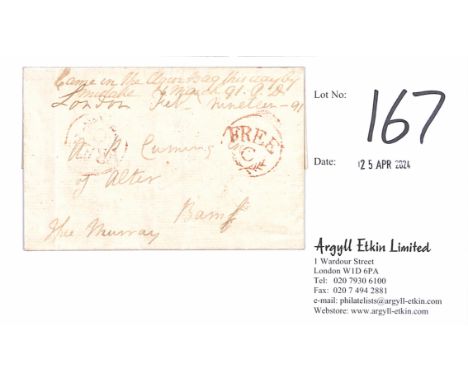1791 (Feb 19) Entire to Banff with unusually fine red circular framed "FREE / C" with laurel leaves below, used by Inspector 
