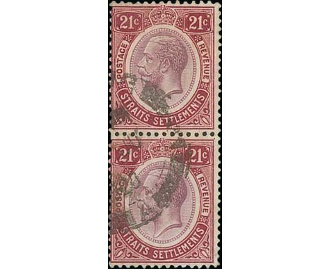 1912-23 21c, Vertical pair with variety watermark inverted, light creasing to lower stamp, otherwise fine used, very scarce. 