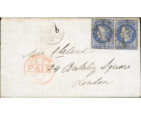 1875 (Dec 6) Cover to London with 6d dull blue pair each with a fine cork cancel (Proud K22), a St. Helena datestamp unusuall