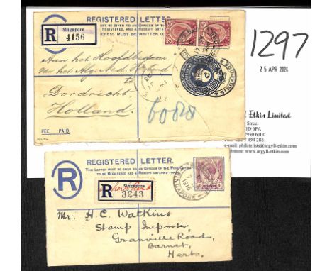Orchard Road. 1915-23 Registration envelopes to Europe, the first bearing Singapore registration label with manuscript "Orcha