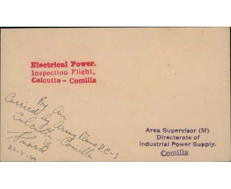 1944 (May 22) Stampless cover endorsed "By Air, carried by Army Plane D.C-3, Calcutta - Comilla, 22-5-44" and signed, red "El