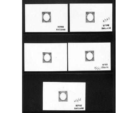 1927 1r - 20r Frame Plate Die Proofs in black on white glazed card, the 1r, 2r and 20r proofs stamped "BEFORE / HARDENING", t
