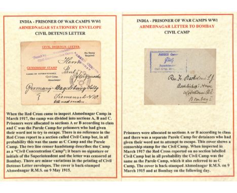 Ahmednagar Civil Camp. 1915-16 Postcard and cover to Germany both with printed heading "CIVIL DETENUS LETTER" or "CIVIL DETEN