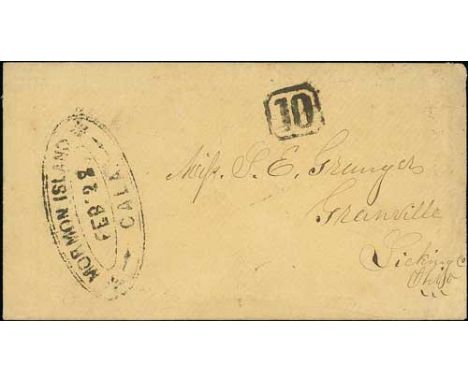 c.1853 Stampless covers with double oval "MORMON ISLAND / CALA" handstamps, one to Granville, Ohio with boxed "10" and "FEB 2