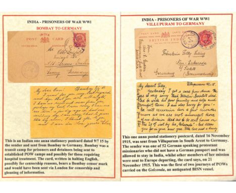 1914-15 India 1a Postal stationery postcards used by internees in transit, a 1914 (Dec 12) KEVII card written from Camp Welli