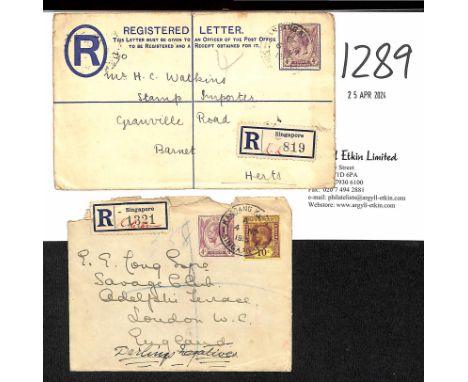 Kandang Kerbau. 1915 Registered covers to England bearing Singapore registration labels with manuscript "K.K" or K. Kerbau", 