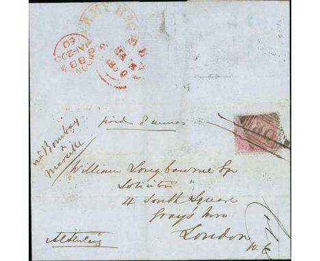Army Headquarters. 1860 (May 14) Entire from Col. Sterling to London, bearing 1855 8a tied by "H.Q" within a diamond (Cooper 
