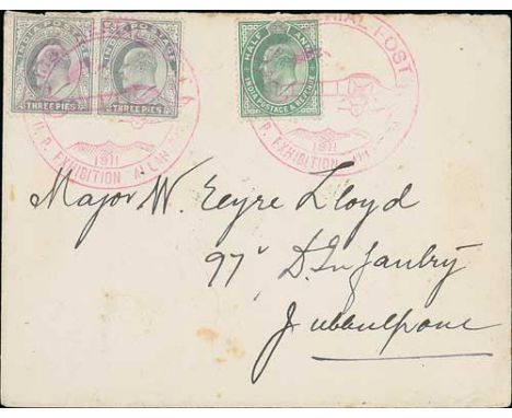 1911 (Feb 18) Allahabad First Aerial Post, cover to Jubbulpore with KEVII 3p (2) and ½a tied by the pictorial Aerial Post can