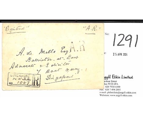 Kandang Kerbau. 1921 (Apr 28) Registered A.R cover sent within Singapore, reverse bearing 4c + 5c (4), handstamped "A.R" and 