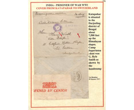 Katapahar. 1917 Stampless cover to Switzerland endorsed "Prisoner of War Service, no stamp required, Civil Detenus Letter" wi