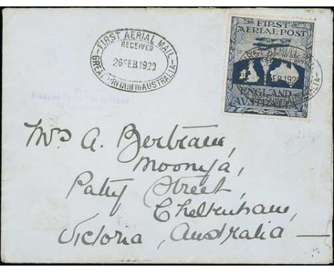 1919 (Nov 12) England to Australia first Aerial Post, cover addressed to "Mrs A. Bertram, Moonya, Patey Street, Cheltenham, V