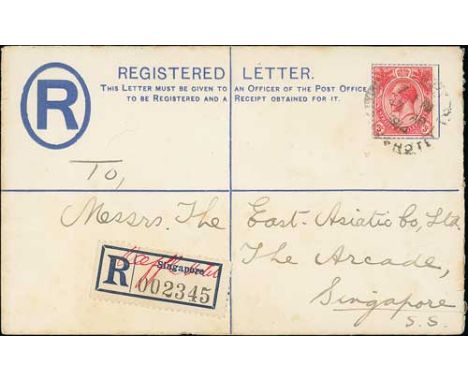 Raffles Hotel. 1914 (Apr 17) 10c Registration envelope sent within Singapore franked 3c, bearing a Singapore registration lab