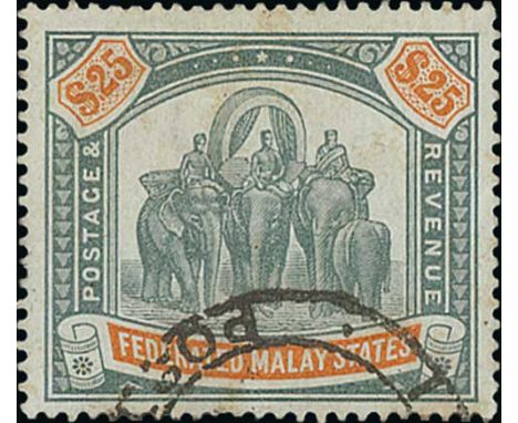 Federated Malay States. 1900 Crown CC $25 green and orange postally used with Ipoh c.d.s, good colour, light crease at lower 