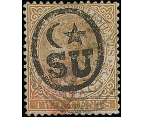 1878 2c Brown handstamped with Cresent Star and SU in oval device, used with Malacca "B/172" cancel (Seremban had stamps but 