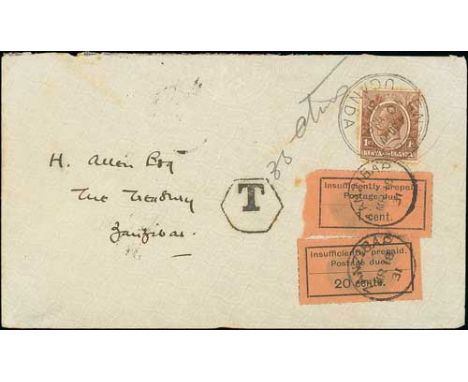 1931 (Mar 10) Cover from Entebbe, Uganda, to H. Alley at The Treasury, Zanzibar, franked 1c, hexagonal framed "T" with manusc