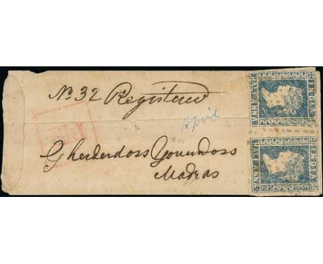 1855 (Apr 24) Small cover from Alleppy to Madras endorsed "No 32 Registered" bearing 1854 ½a pair (die I, four margins, corne