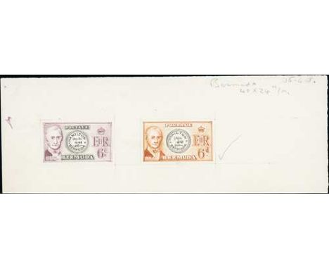 1958 QEII 6d Unadopted stamp size handpainted essays in black ink and watercolour, depicting the 1848 Hamilton Postmaster W.B