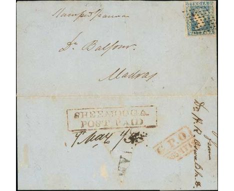 1855 (May 5) Entire letter written from The Baha Booden Hills, Mysore, to Dr Balfour at the Museum in Madras, endorsed "stamp