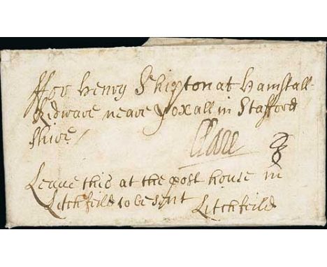 1660 (Aug 16) Entire letter from Earl Clare, written from Drury Lane in London, addressed "for Henry Shipton at Hamstall Ridw