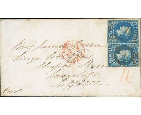 1864 Cover to England bearing 1856 imperf 6d blue pair (just touched at right, large margins on all other sides) each cancell