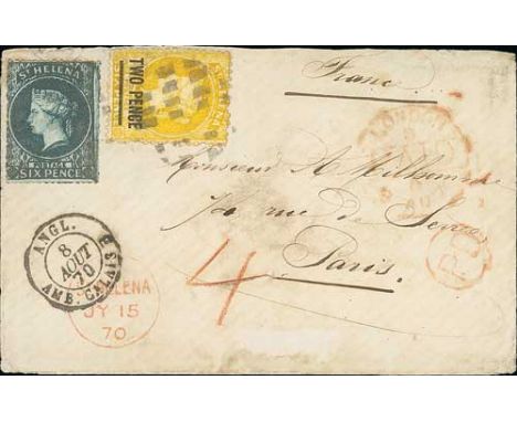 1870 (July 15) Cover to France franked 1863 rough perf 6d and 1868 2d yellow each cancelled by circular cork cancel (Proud K1