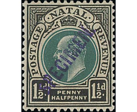 Natal. 1902 1½d - 3d, 5d - 1/- and 5/- Handstamped violet "SPECIMEN" type NA2, mint, this Specimen handstamp not recorded by 