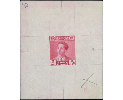 c.1950 5f Die Proof Essays with an unadopted new portrait of King Faisal II, printed in blue, violet or red on thin gummed pa