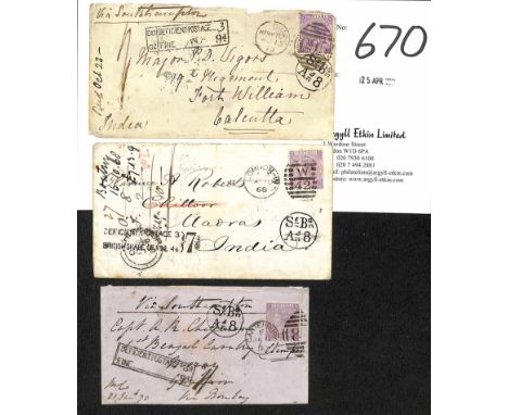 1868-70 Covers franked 6d sent via Southampton, all underpaid by 3d with a fine of 9d, charged 8A. All with differing London 