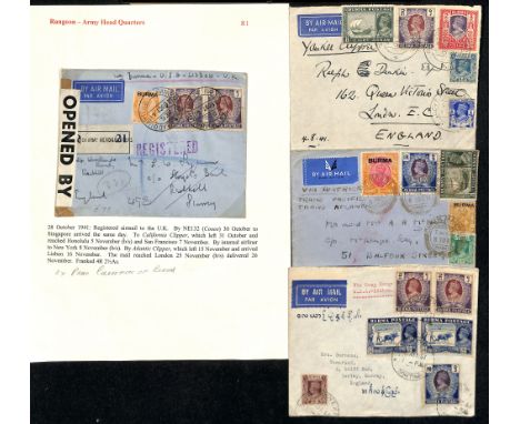 1941 (May/Nov) Covers (3) and a front from Rangoon (3) or Chauk Magwe to G.B, inscribed "via American Trans Pacific Transatla