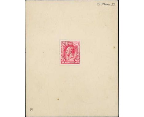Newfoundland. 1922 Inland Revenue 2c, stamp size photographic essay in red, affixed to thick card dated "27 Novem. 22" and le