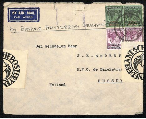 1946 (Nov. 5) Cover from Singapore to Holland franked B.M.A. 10c (2) + 50c pair tied by Singapore double ring skeleton c.d.s,